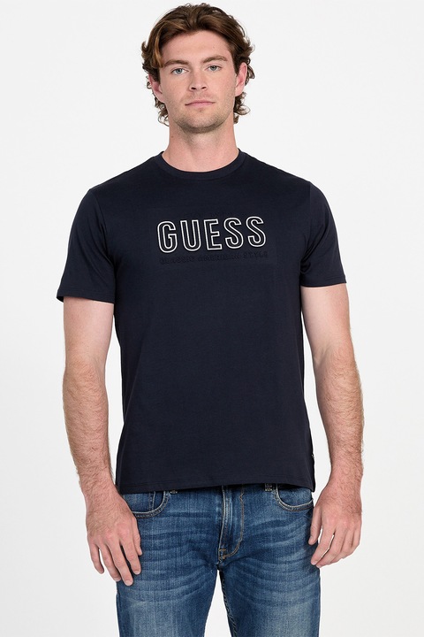 GUESS, Тениска с овално деколте и лого, Бял, Ултрамарин синьо, L