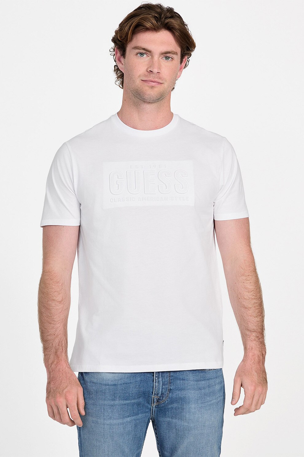 GUESS, Tricou cu decolteu la baza gatului si imprimeu logo, Alb optic, L