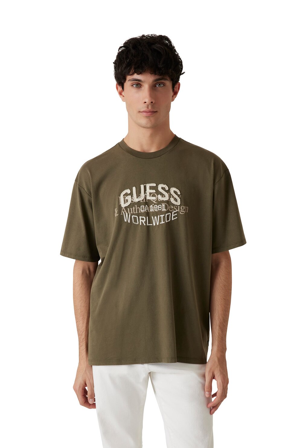GUESS, Tricou de bumbac cu aplicatie logo, Verde masliniu, M