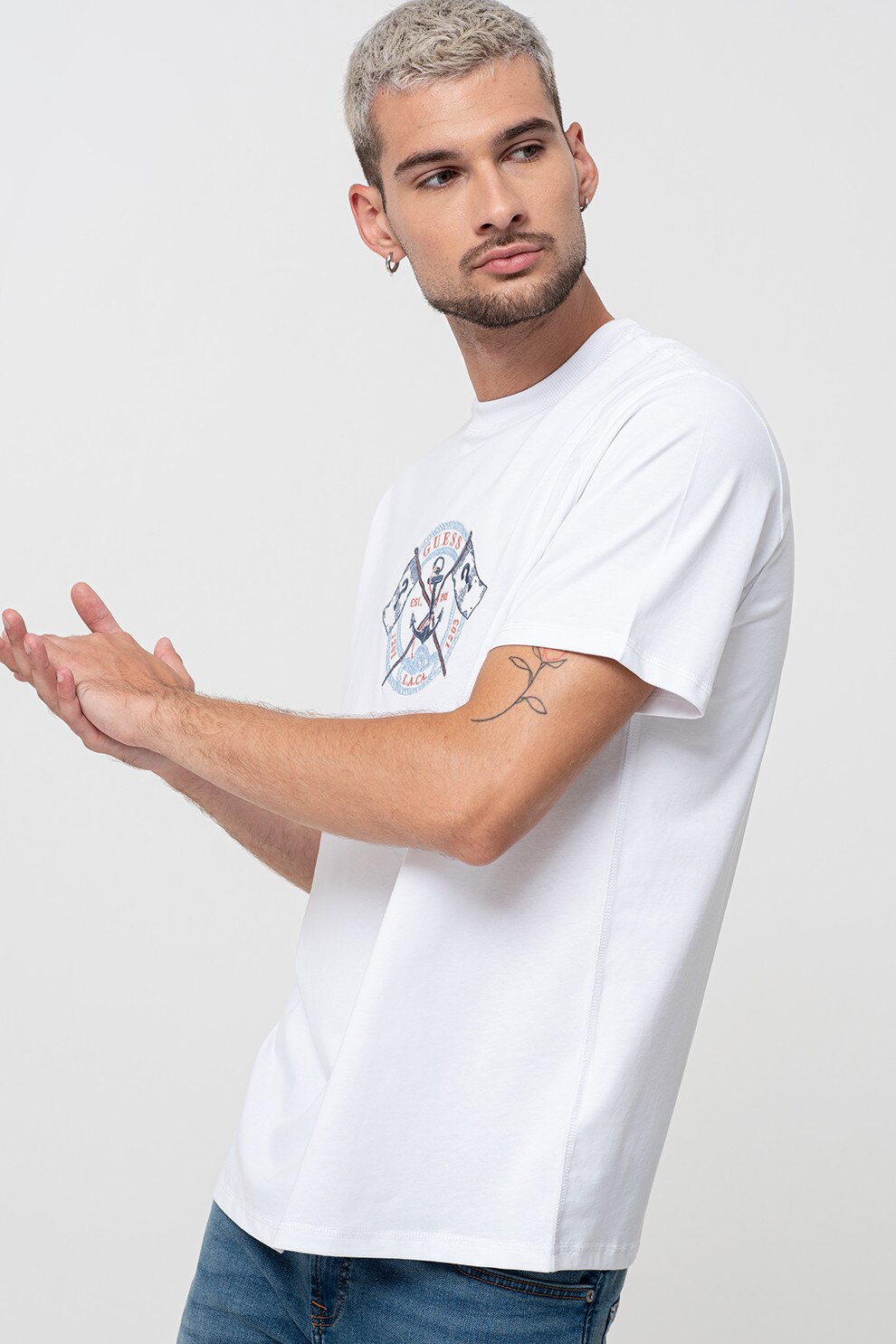 GUESS,Tricou din bumbac cu broderie, Albastru pastel, Alb optic, L