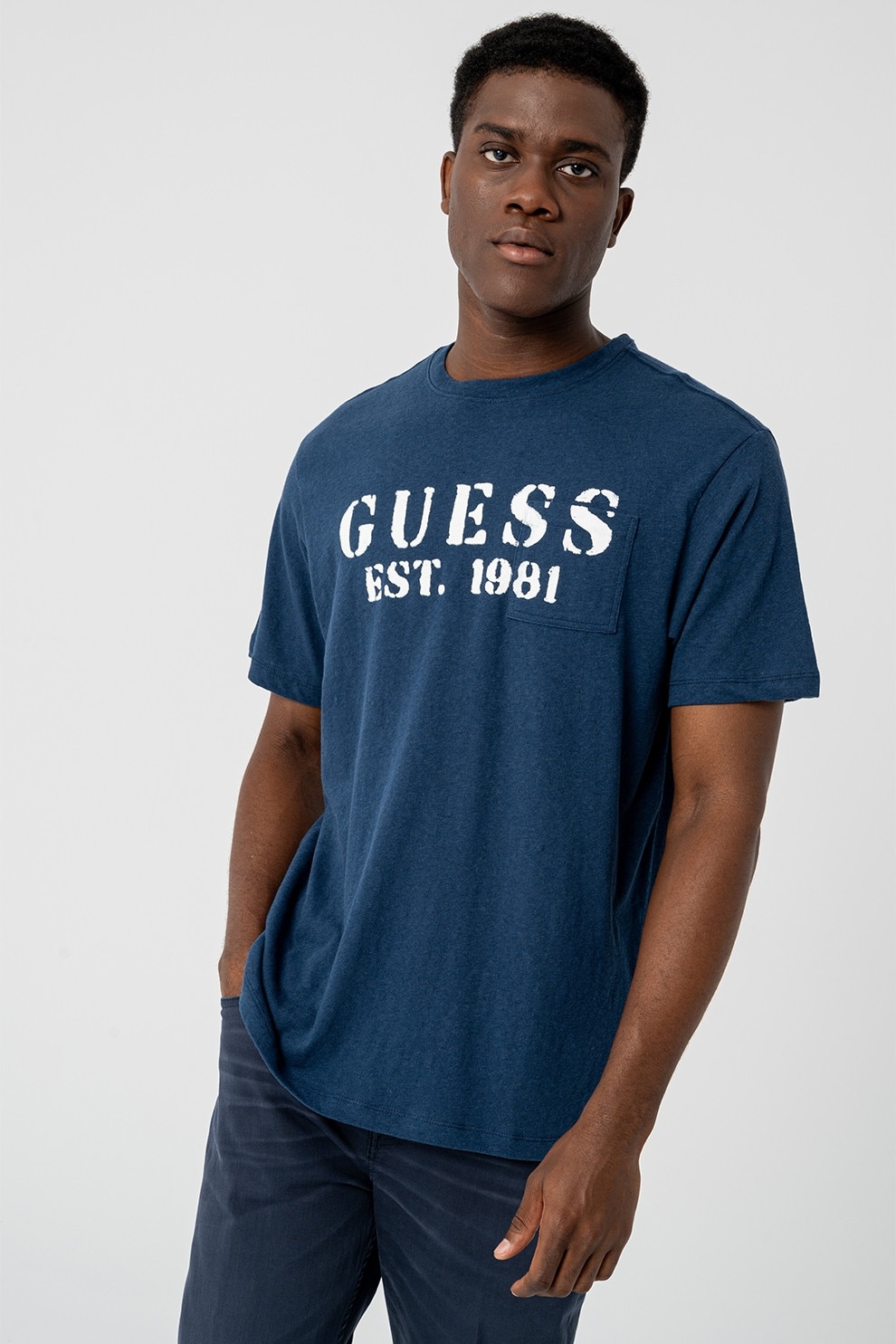 GUESS, Tricou cu imprimeu logo, Albastru inchis, Alb murdar, L