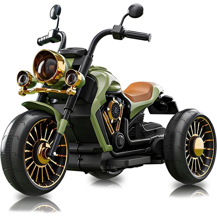 Motocicleta electrica Timebox pentru copii 3+ ani, Cu 3 roti, Functie mers inainte/inapoi, Faruri, Claxon, Muzica, Povesti, Viteza 9-11 km/h, Greutate maxima suportata 60 kg, Verde