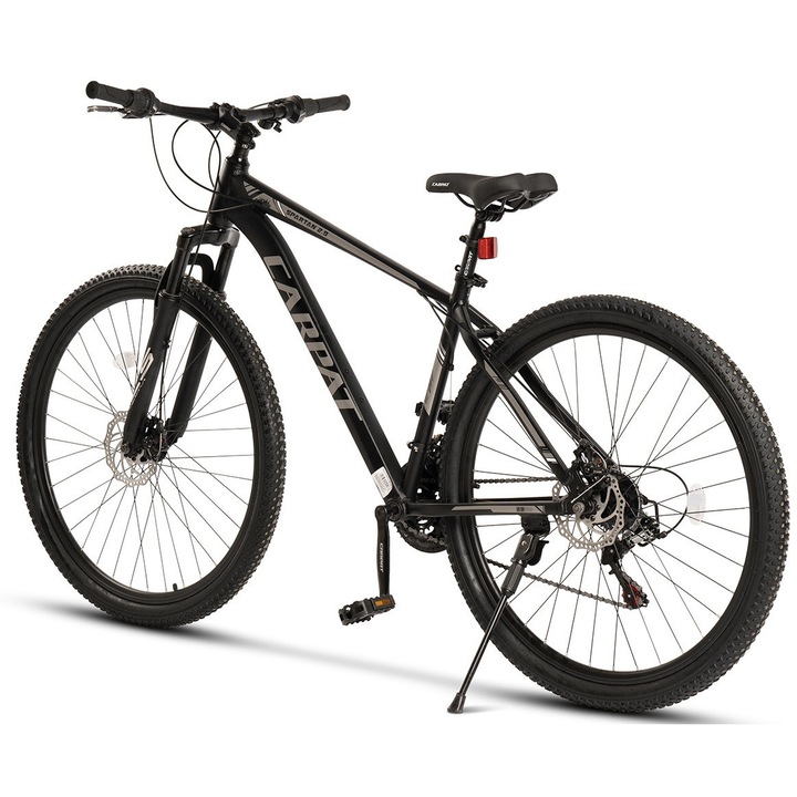 Bicicleta MTB cu Roti de 29", Echipare Shimano/Saigaun, 21 Viteze, Manete Rotative Shimano, negru/gri, Mountain Bike Carpat Spartan Genius cu Frane Disc, Cadru Aluminiu cu Cabluri integrate