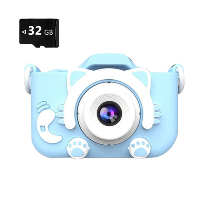 Digitális fényképezőgép gyerekeknek, kék macskás dizájn, 1080P, 32 GB, könnyen használható, fiúknak és lányoknak, 2,0 hüvelykes