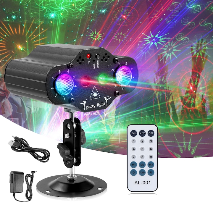 Proiector de lumini disco, lumina laser disco cu telecomanda, Fudisenn, 72 de modele de culori, control al sunetului, efecte laser, alimentat prin priza sau USB, potrivit pentru scene de bar, sali de petreceri, negru