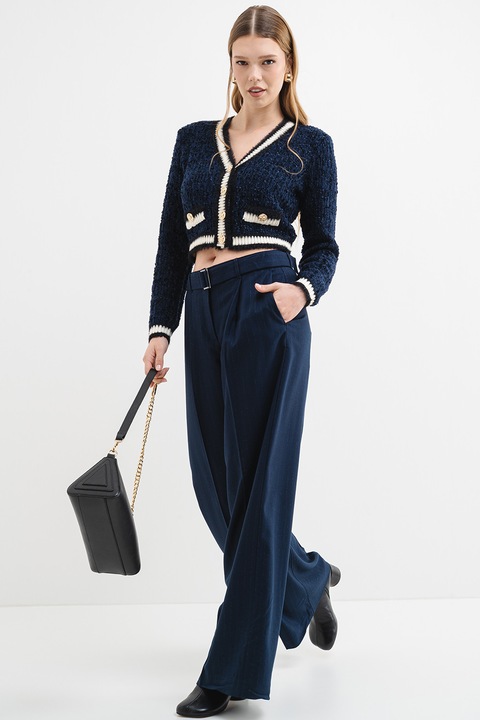 GUESS, Cardigan crop cu nasturi si dungi contrastante, Crem/Bleumarin, L