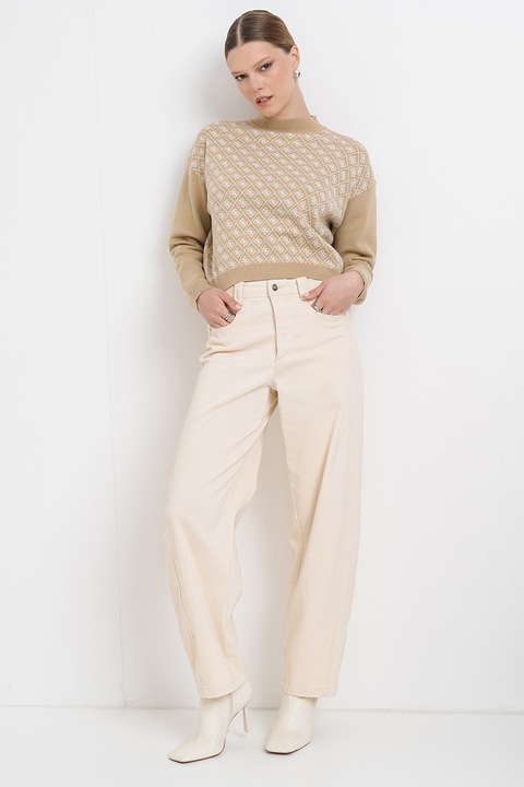 GUESS, Pulover cu model monograma, Alb/Maro camel