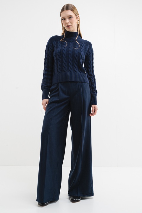 GUESS, Pulover din amestec de lana cu model torsade si terminatie cu striatii, Albastru inchis