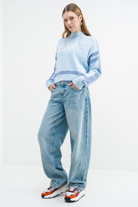 GUESS, Pulover lejer cu logo brodat, Albastru deschis