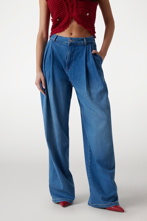 GUESS, Blugi cu croiala ampla si pliuri, Albastru inchis