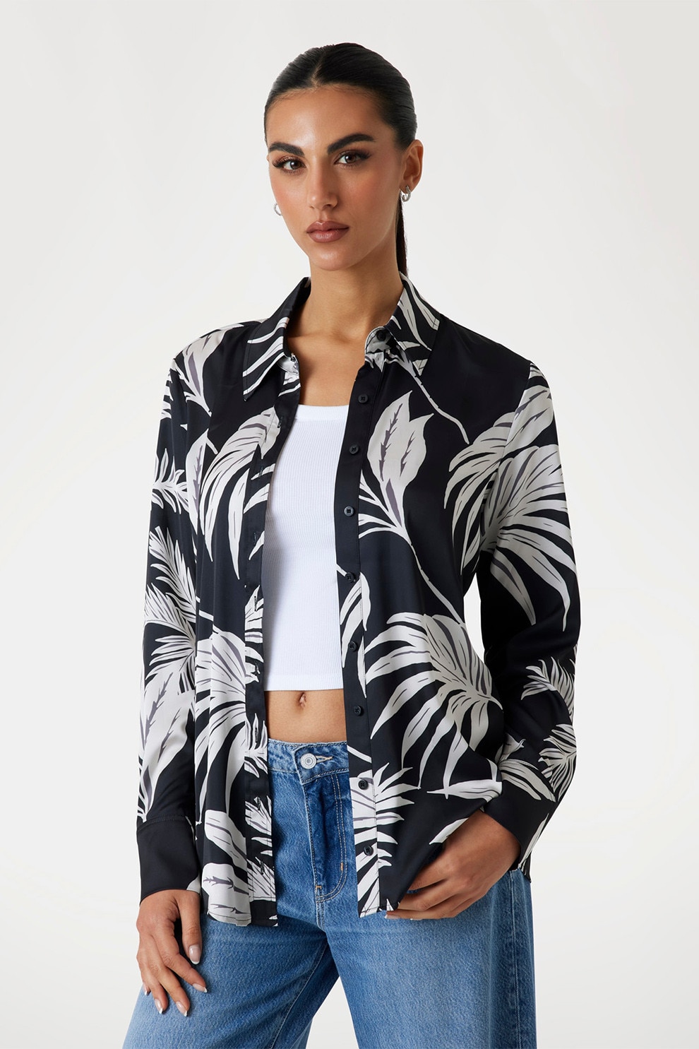 GUESS, Camasa cu imprimeu tropical, Alb, Negru, S