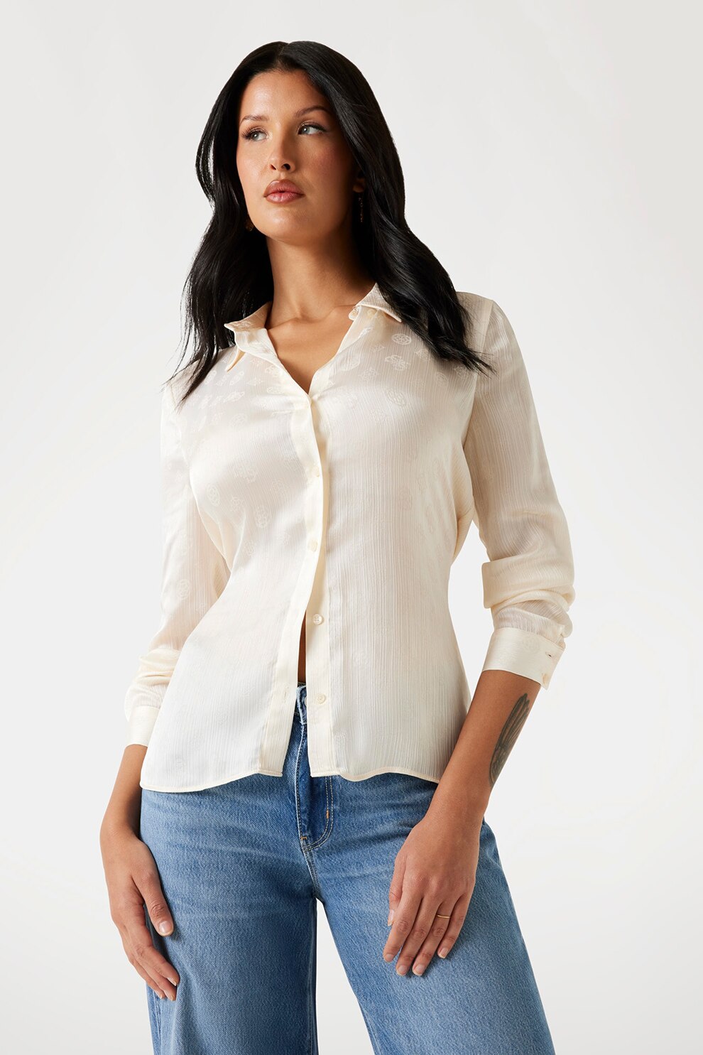 GUESS, Camasa slim fit cu model monograma, Crem, S