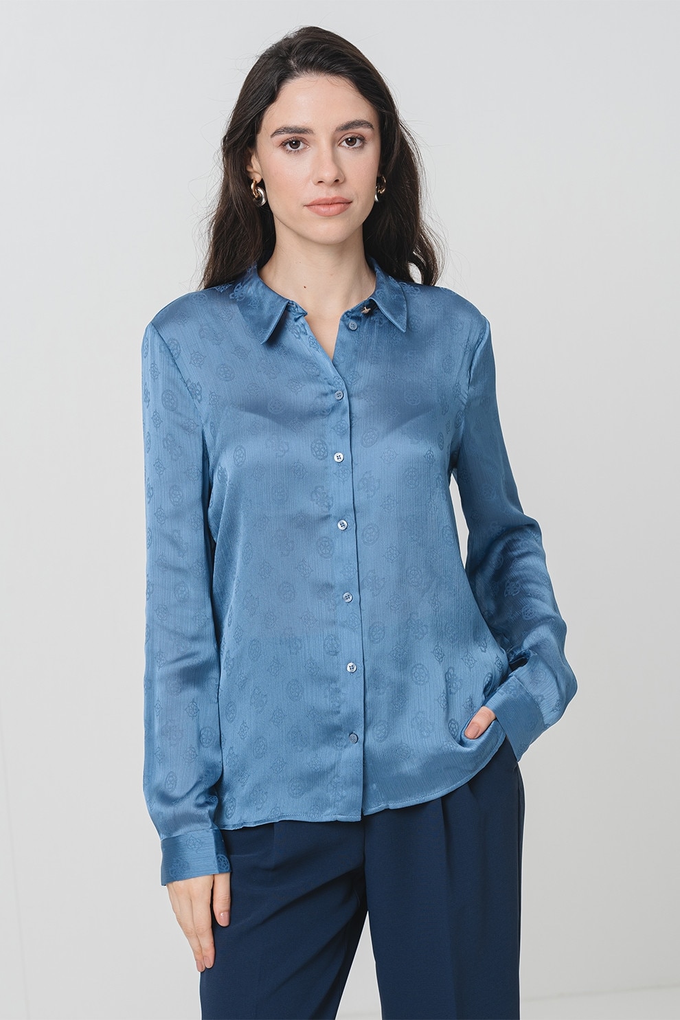GUESS, Camasa slim fit cu model monograma, Albastru inchis, XS