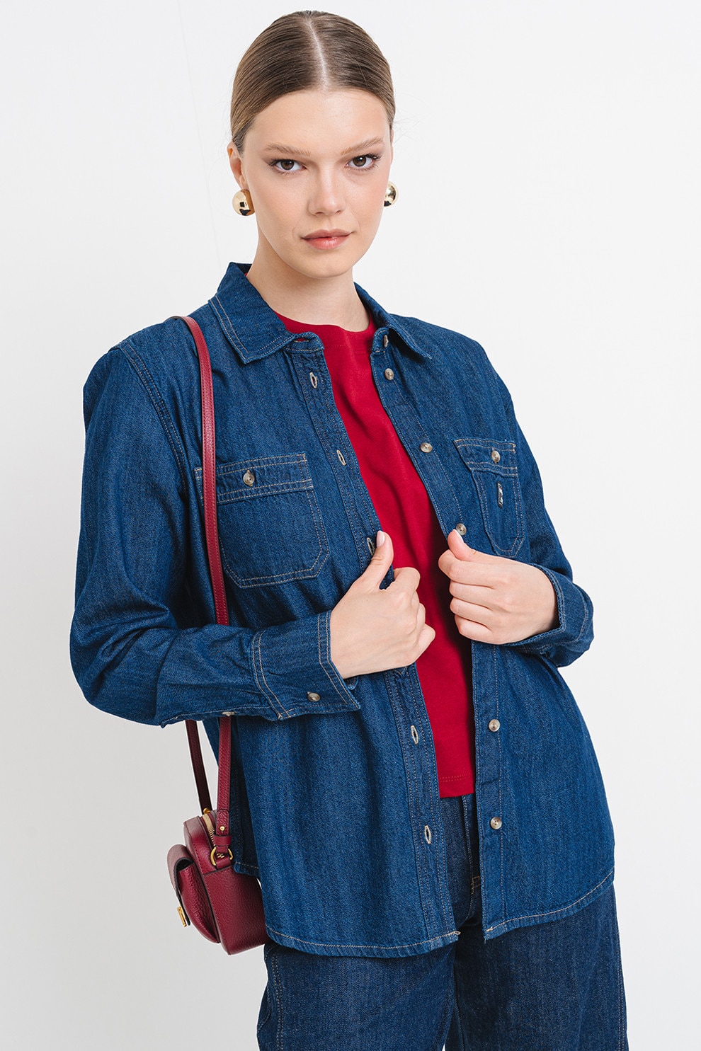 GUESS JEANS, Camasa din denim cu buzunare pe piept, Albastru inchis, XS