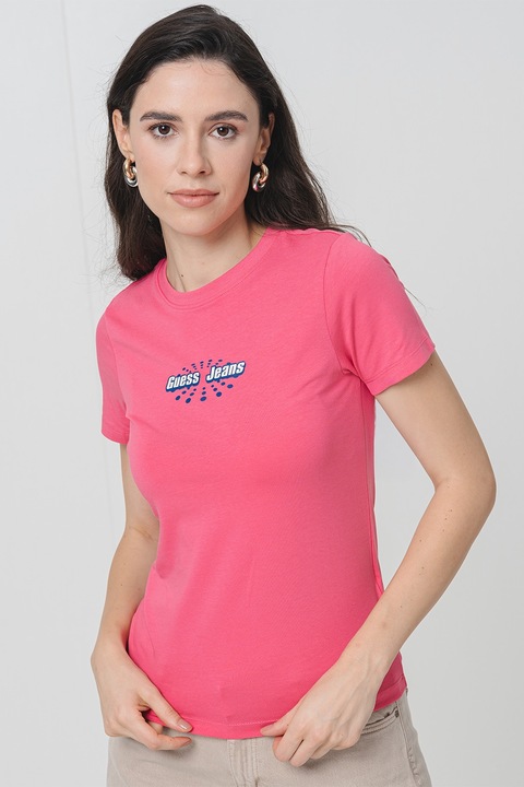 GUESS JEANS, Tricou regular-fit cu decolteu la baza gatului, Albastru indigo/Alb murdar/Roz