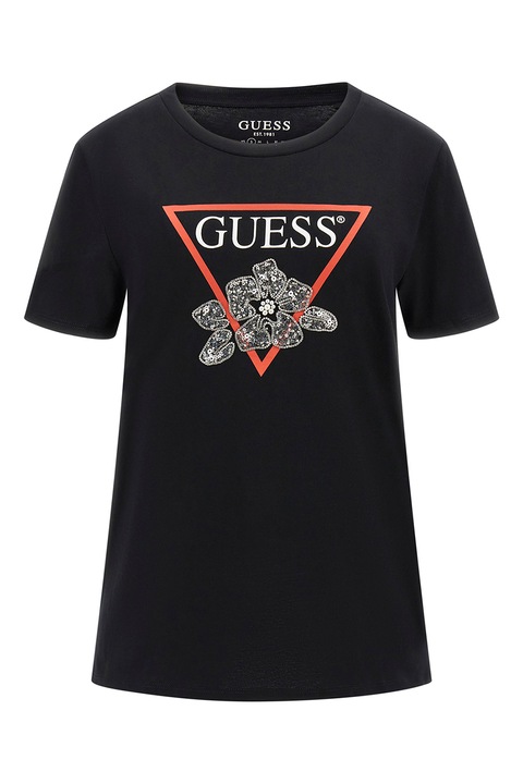 GUESS, Logós póló flitterekkel, Fekete