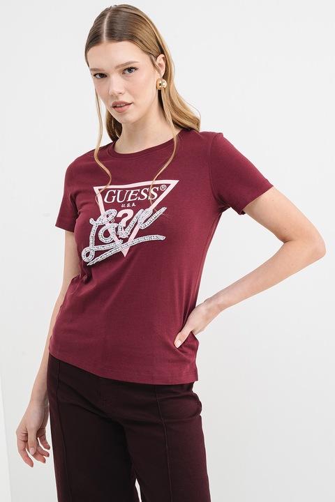 GUESS, Памучна тениска с лого и мъниста, Тъмновиолетов
