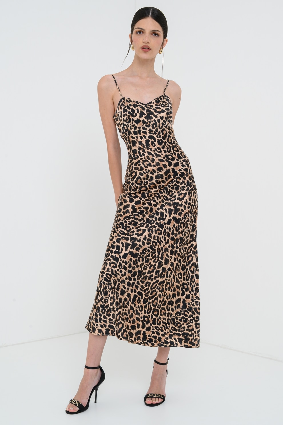 GUESS, Rochie lunga de satin, Negru, Maro deschis, M
