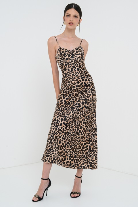 GUESS, Rochie lunga de satin, Negru, Maro deschis, XS