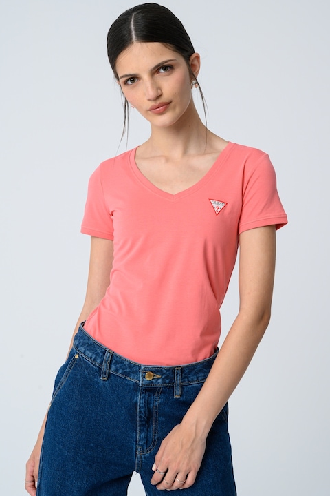 GUESS, Tricou slim fit cu decolteu in V