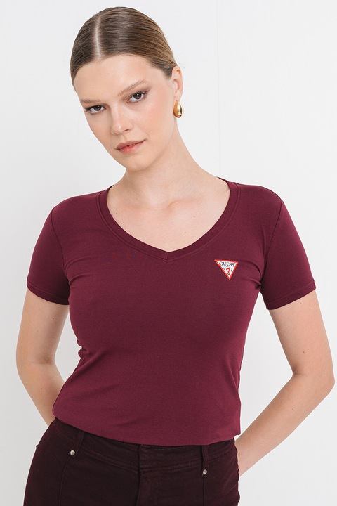 GUESS, Tricou slim fit cu decolteu in V, Violet tyrian