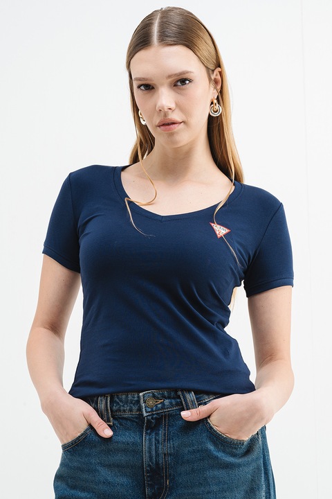 GUESS, Tricou slim fit cu decolteu in V, Albastru inchis