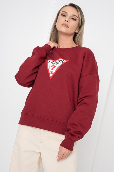 GUESS JEANS, Bluza de trening cu croiala lejera, decolteu la baza gatului si logo, Rosu inchis