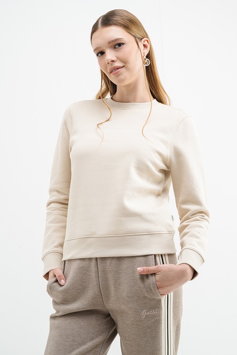 GUESS JEANS, Kerek nyakú pulóver logóval, Krémszín