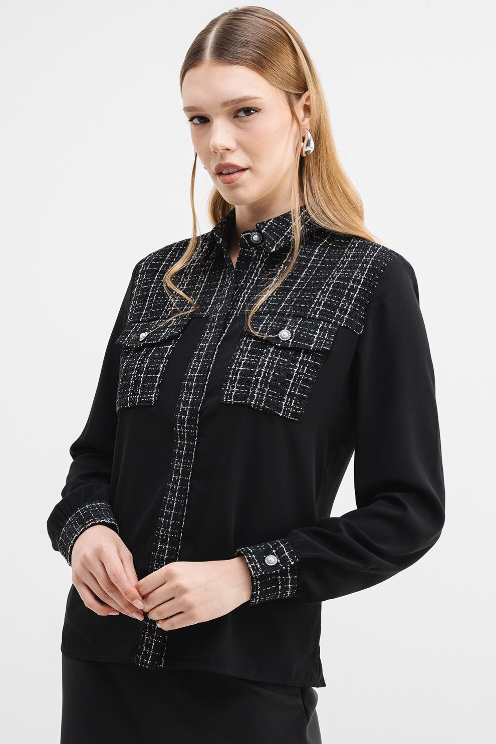 GUESS, Camasa cu insertii de tuid, Negru, S