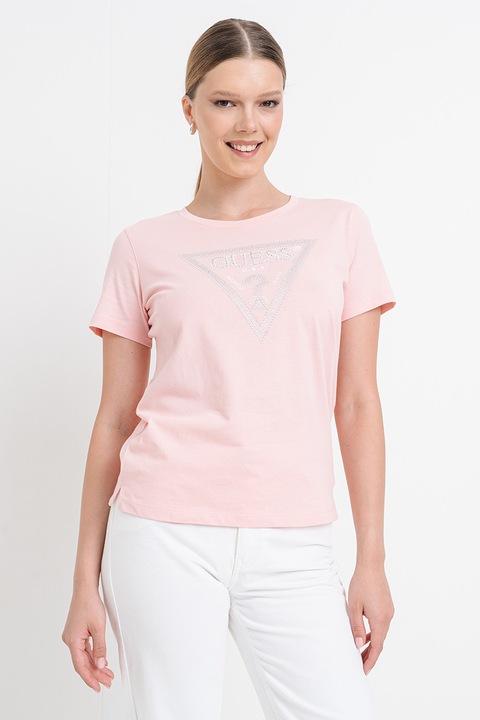 GUESS, Kerek nyakú póló strasszköves logóval, Fehér/Pasztellrózsaszín/Ezüstszín
