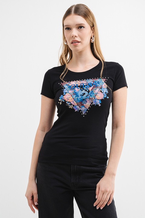 GUESS, Szűk fazonú kerek nyakú póló logóval, Fekete/Kék