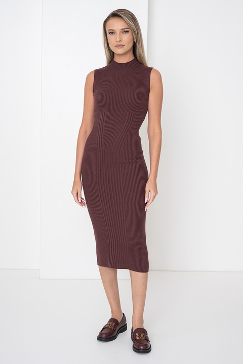 GUESS, Вталена рокля с поло с кашмир и коприна, Тъмнокафяв