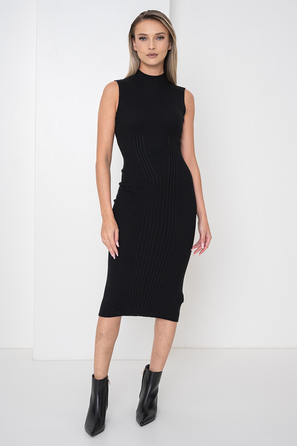 GUESS, Rochie cambrata din amestec de casmir si matase cu guler inalt, Negru, M-L