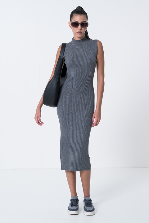 GUESS, Rochie cambrata din amestec de casmir si matase cu guler inalt, Gri