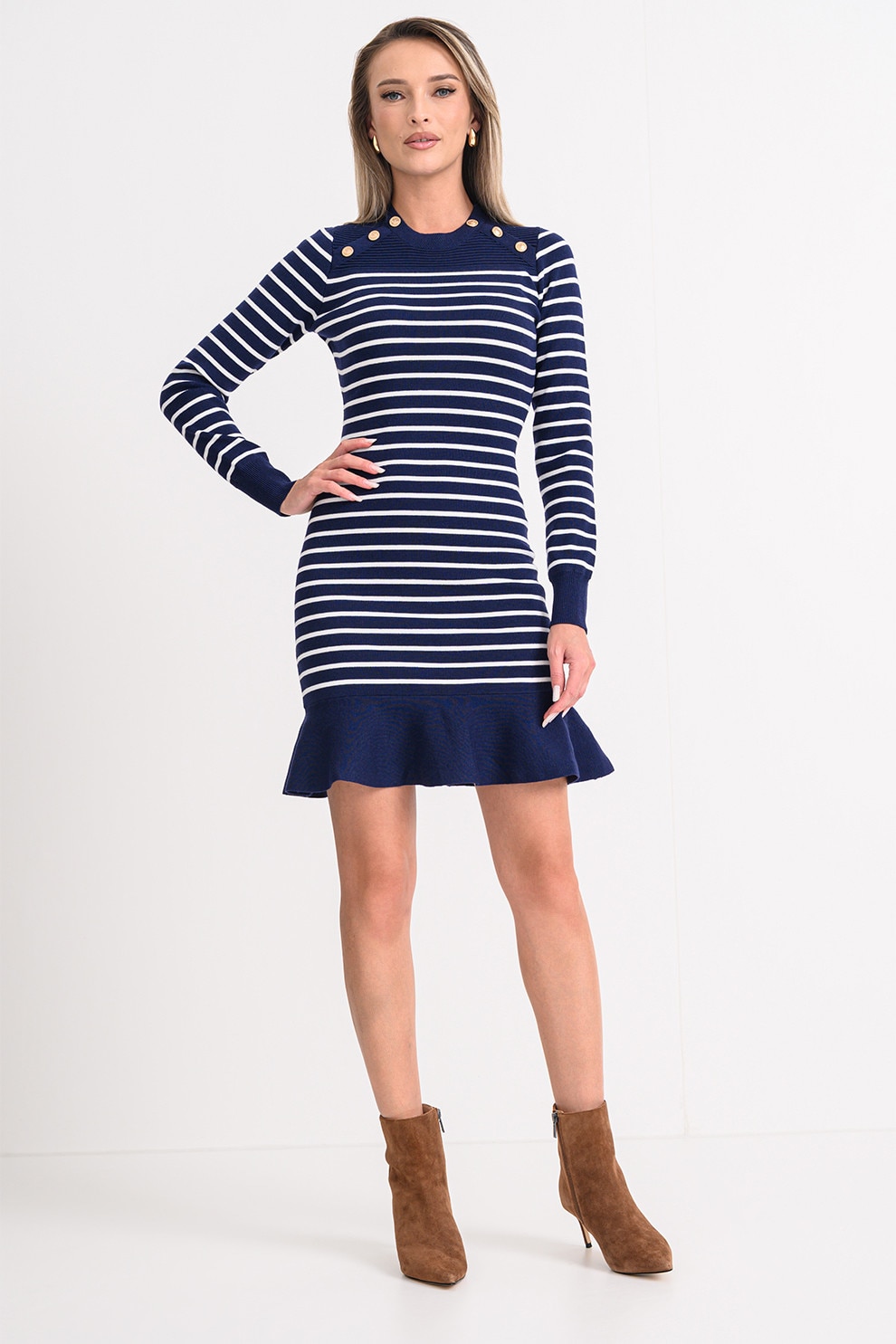 GUESS, Rochie tricotata cu dungi si terminatie evazata, Alb, Albastru inchis, XS