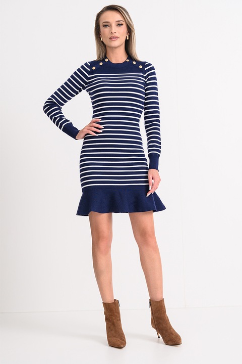 GUESS, Плетена рокля с райе и разкроен подгъв, Бял/Тъмносин