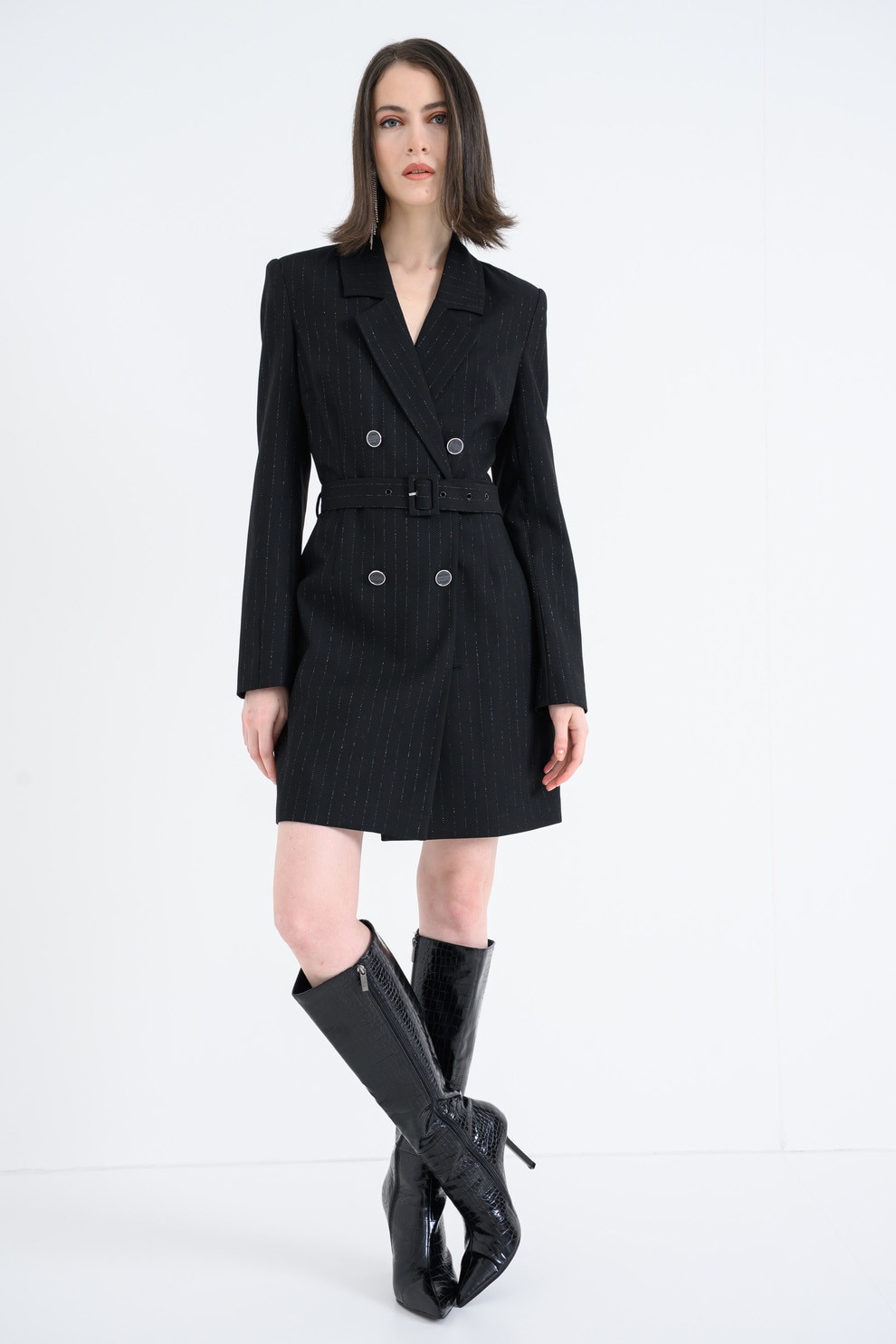 GUESS, Rochie-sacou mini cu dungi, Negru, Argintiu, XS