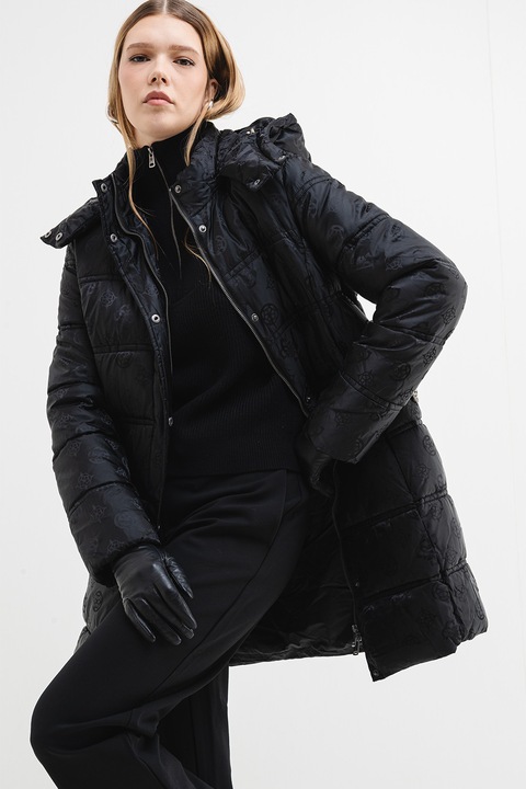 GUESS, Geaca cu vatelina si curea in talie, Negru