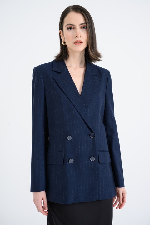 GUESS, Sacou cu doua randuri de nasturi si dungi, Albastru petrol