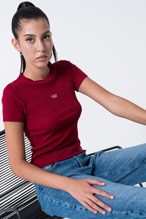 GUESS JEANS, Tricou cambrat cu logo, Rosu inchis