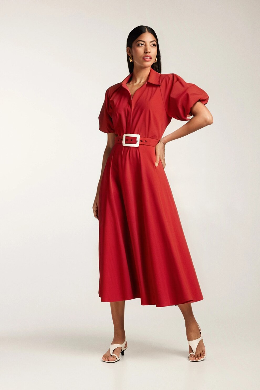 Alina Cernatescu, Rochie midi cu maneci scurte, Rosu vermillion, S