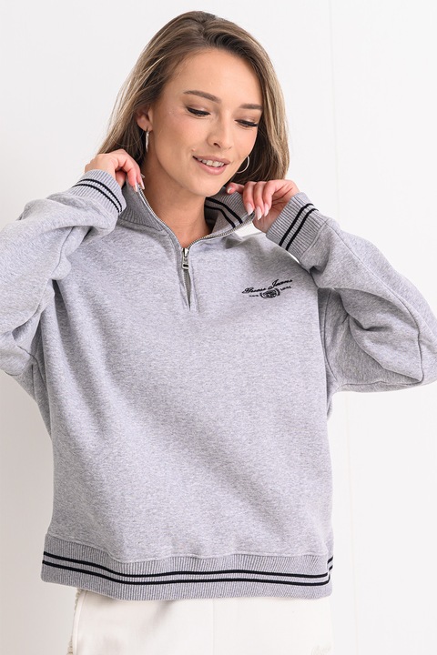 GUESS JEANS, Bluza de trening cu fermoar scurt si guler, Gri melange