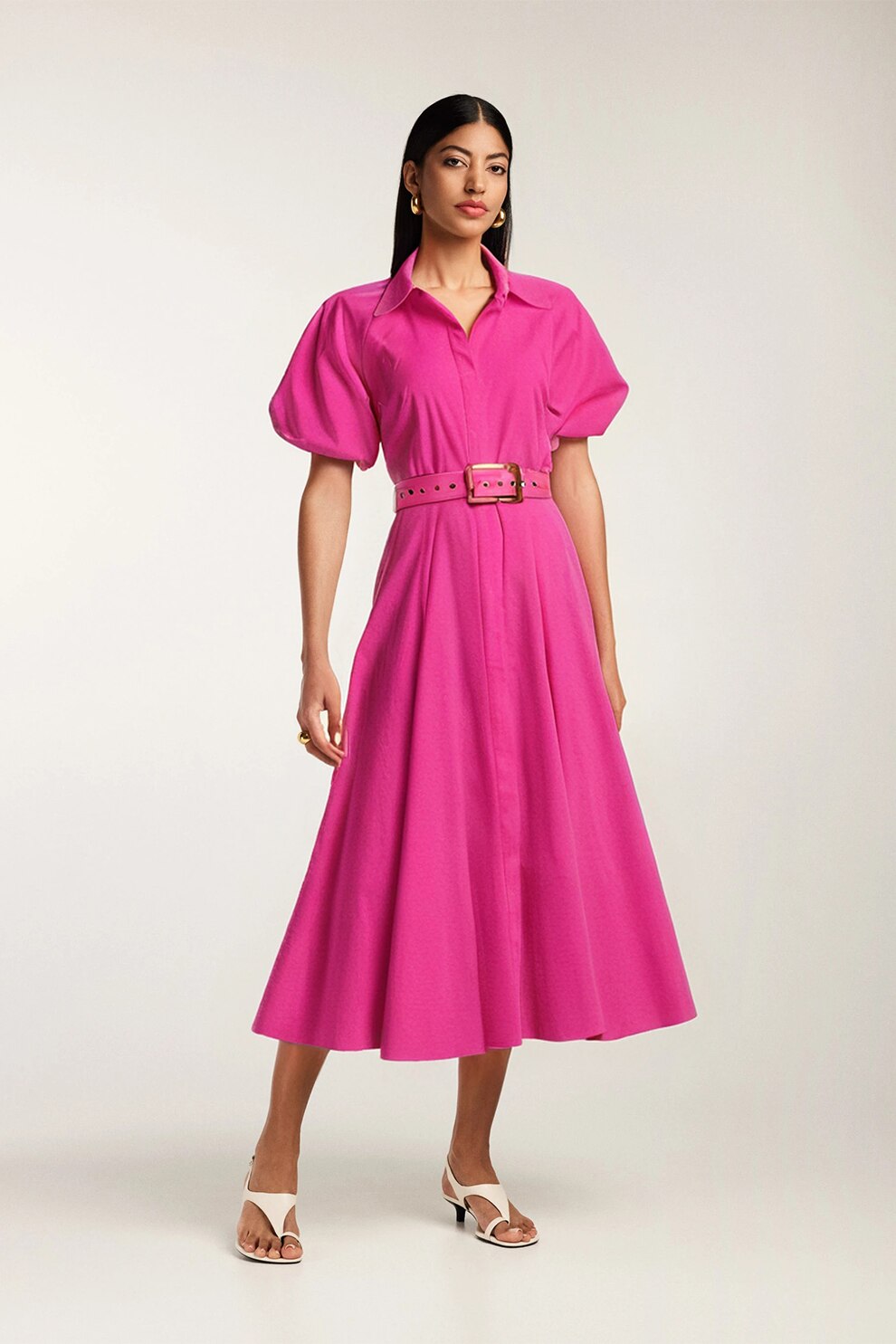 Alina Cernatescu, Rochie midi cu maneci scurte, Fucsia, S