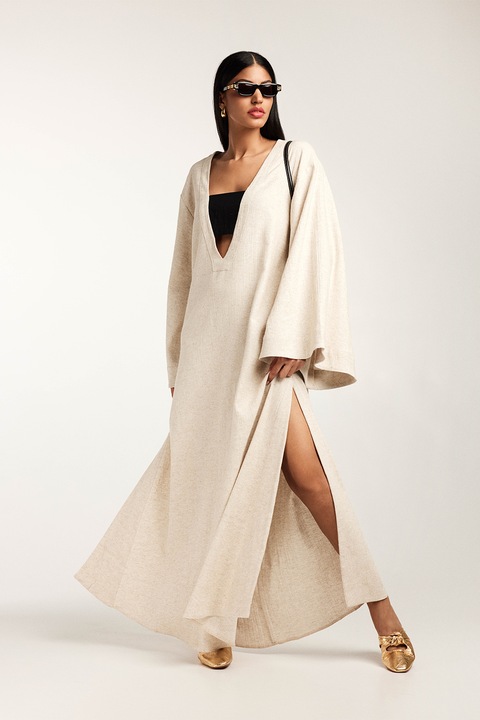 Alina Cernatescu, Rochie maxi din amestec de in cu maneci clopot si decolteu adanc in V, Bej deschis