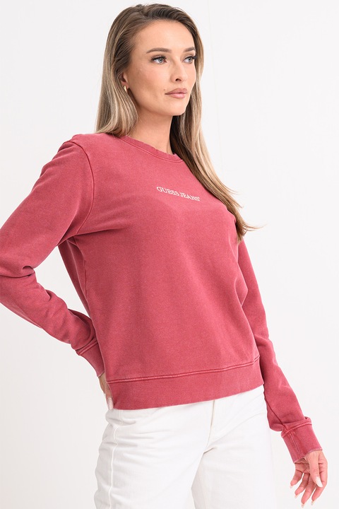 GUESS JEANS, Bluza de trening cu decolteu la baza gatului si imprimeu logo, Rosu stins