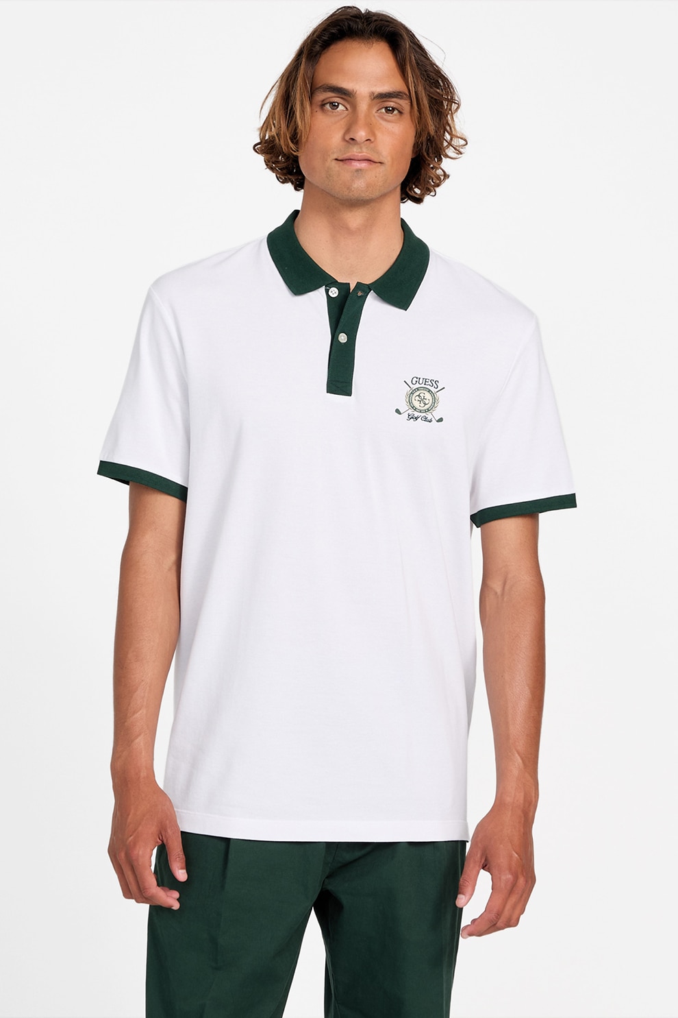 GUESS, Tricou polo cu detalii contrastante, Alb, Verde inchis, L
