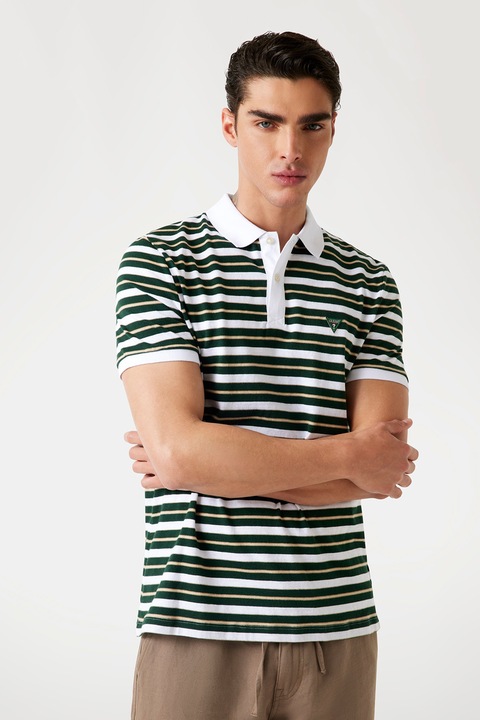 GUESS, Раирана тениска с яка, Бял, Тъмнозелен, M