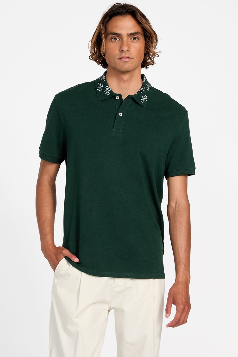 GUESS, Tricou polo cu guler cu logo, Verde englez, M