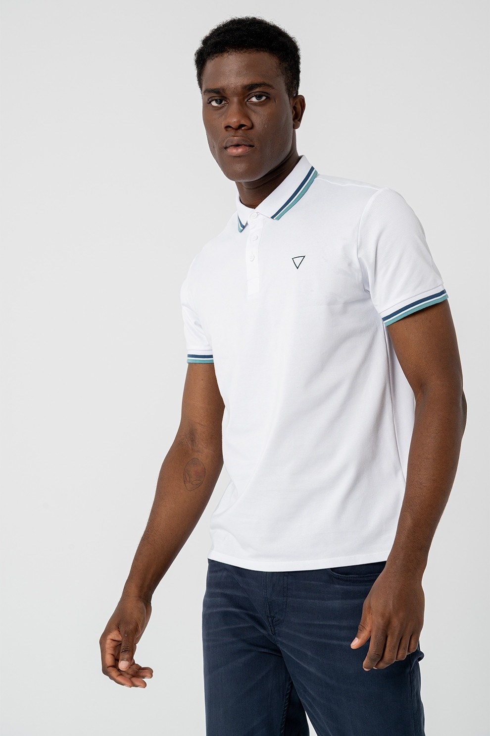 GUESS, Tricou polo din amestec de bumbac, Albastru inchis, Alb optic, Verde marin, L