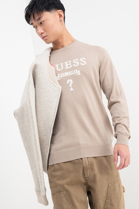 GUESS, Kerek nyakú pulóver logómintával, Fehér/Homokbarna, M